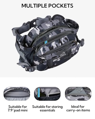 WATERFLY Fanny Pack Waist Bag: Fannie Pack 2 Water Bottle Holders Lumbar Belt Hiking Walking Running Jogging Camping Large Woman Man (Bottle Not Included) - color: Camouflage Black