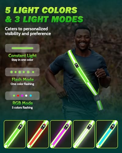 Fitense LED Reflective Belt Sash - 5 Lights Colors & 3 Light Modes High Visibility Night Safety Belt, Rechargeable Light Up Running Gear Adjustable Vest Straps for Runners Walkers Men Women - color: Green, style: Classic