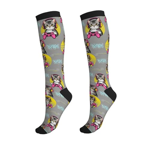 Compression Socks, Unisex 15-20 mmHg Knee High Support Socks - color: Gaming Cat