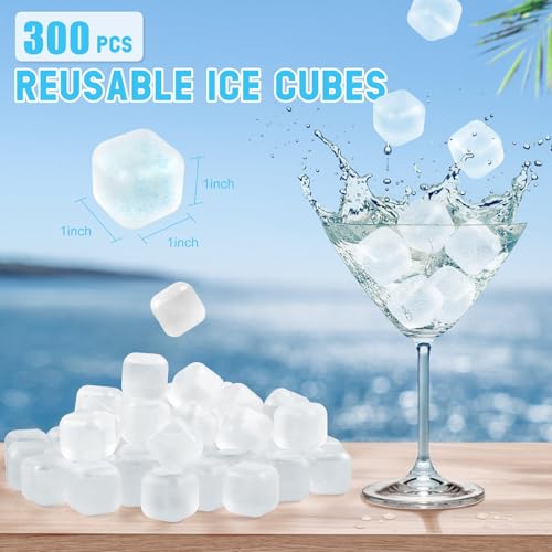 300 PCS Reusable Ice Cube for Drink, Refreezable Plastic ice Cubes Without Diluting BPA Free, Large Pack With Bag, Suitable for Whiskey Coffee Bars Ice Baths Camping, Instant Cooler Packs - color: White