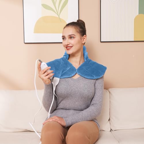 Ambershine 19''x24'' Weighted Neck & Shoulder Heating Pad, 2.5lbs with 12 Temperature Settings& 4 Auto-Off Timers, Pain Relief for Neck/Shoulder/Back(Light Blue) - color: 01-light Blue