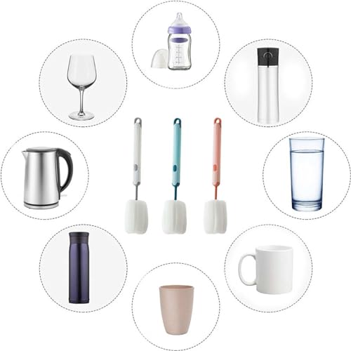 Bottle Brush Long Handle Cup Cleaner Brush Sponge Bottle Scrubber Detachable Handle Portable Sponge Cleaning Brush for Cups Wine Glasses Water Bottles Baby Bottles and Vacuum Flasks(3 PCS) - color: White, Blue, Pink