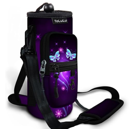 ToLuLu 25/32/40oz Water Bottle Carrier Bag Pocket,Insulated Neoprene Adjustable Shoulder Strap Water Bottle Pouch Case, Crossbody Water Bottle Holder Sling Sleeve for Men Women Adults - color: Purple Butterfly, size: 32 OZ