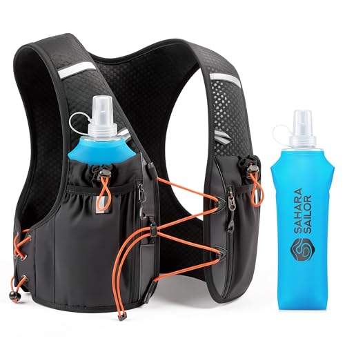 Sahara Sailor Running Vest for Women Men, 2PCS 500ml Soft Flasks, Adjustable Chest Waist Fit, Multi-Pockets, Lightweight Breathable Reflective Hydration Backpack for Running, Trail, Cycling, Hiking - size: M (32–42 in)