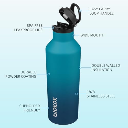 BJPKPK 25oz Insulated Thermal Water Bottle, Straw & Handle, Stainless Steel - color: Indigo Black, size: 25 Ounces