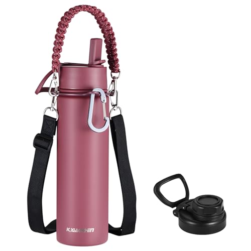 KXIAOCHEN Insulated Water Bottle with Strap, 48-Hour Cold, 2 Lids - color: Red, size: 24 Ounces