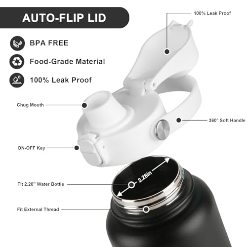 Auto Spout Lid for HydroFlask Wide Mouth Sport Water Bottles, Replacement Lid for Hydro Flask Wide Mouth 12, 16, 18, 32, 40, 64oz, Chug Lid with Flexible Handle, Button Lock, Black - color: White
