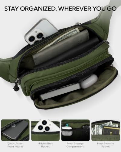 WATERFLY Fanny Pack Waist Bag: 2.5L Large 5 Zipper Pockets for Women Men - color: Military Green