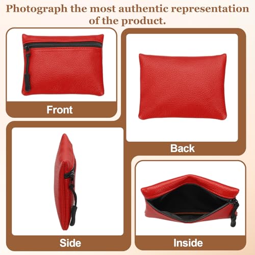 Full Grain Leather Coin Purse, Small Coin Purse with Zipper Portable Card Holder, 4.7in & Red & PU Leather -Fitting for (Change Purse Credit Card Key Keychain Pouch Wallet) - color: Red