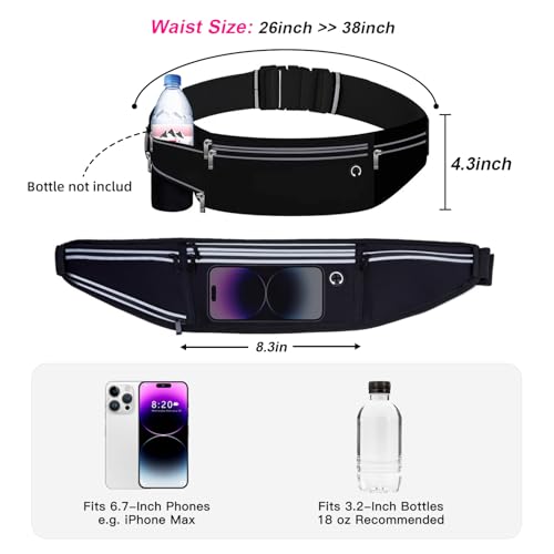 Slim Running Belt for Women Men,Runners Fanny Pack Phone Holder,Money Belt,Running Gear Accessories,with 3 Pockets (Jet Black) - color: Jet Black