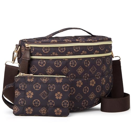 Makes Checkered Crossbody Bag Bum Bag for Women with Pouch - color: Puffer Coffee Flower
