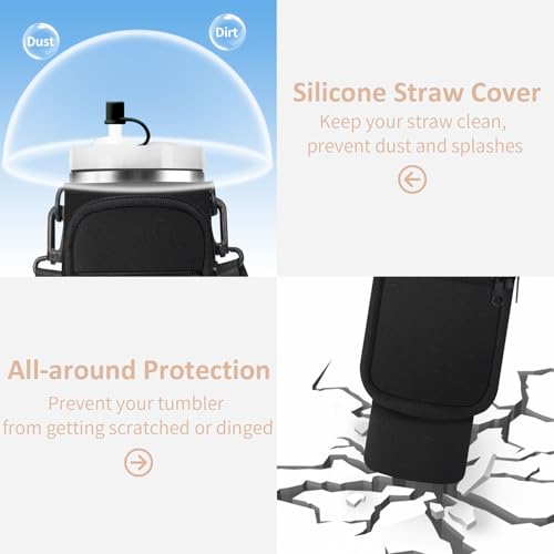 AceTreker Water Bottle Carrier Bag with Strap for Stanley 40/30 oz Tumbler Neoprene Insulated Cup Holder Sleeve with Phone Pocket & Straw Cover for Stanley Cup Accessories - color: 01-Black, style: 40 Oz