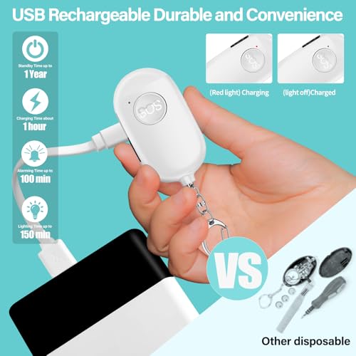 Hion Personal Safety Alarm for Women, Rechargeable 130dB Self Defense Alarm Keychain with LED Flashlight, Emergency Safe Sound Security for Children Elderly College Girls Men, White - color: White