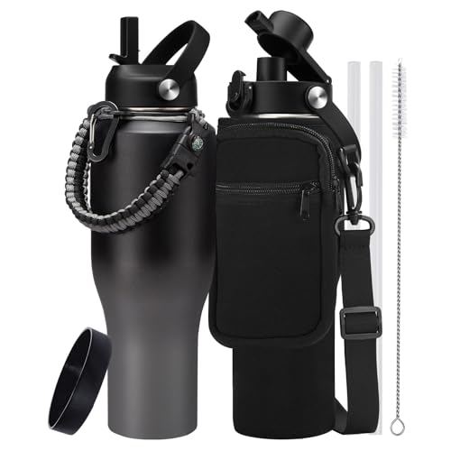 40oz Insulated Water Bottle with Carrier Bag, Fit Car Cup Holder Travel Mug - color: Shadow, size: 40 Ounces