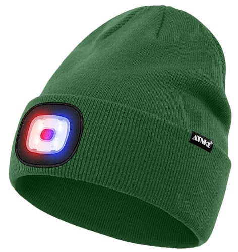 ATNKE LED Lighted Beanie Hat,USB Rechargeable 4 LED Red and Blue Flashing Running Headlamp Cap Gifts for Men and Women - color: #Green