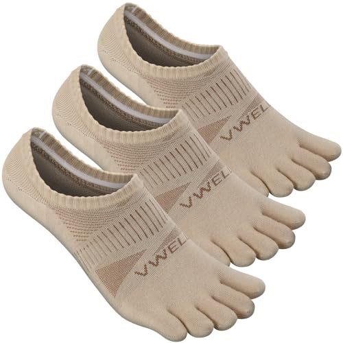 VWELL No Show Toe Socks for Men Women COOLMAX Five Finger Socks Athletic Running Ankle Low Cut 5 Toe Socks (3Pairs) - color: Light Brown, size: Medium