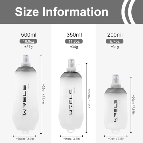 WRELS 200ml/350ml/500ml Collapsible Soft Flask,BPA Free Folding Soft Water Bottle with Hanging Ring,Lightweight TPU Hydration Flask for Running Marathon Cycling Hiking - color: Grey-500ml*2