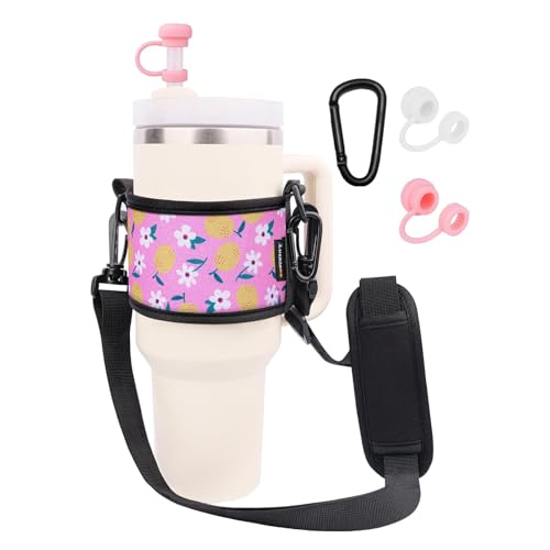 LUCKINEE Tumbler Holder with Strap Stanley Cup Holder Water Bottle Strap - color: Flower print