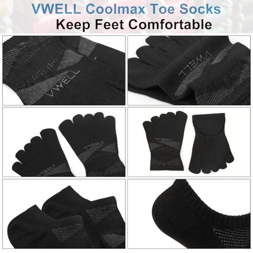 VWELL No Show Toe Socks for Men Women COOLMAX Five Finger Socks Athletic Running Ankle Low Cut 5 Toe Socks (3Pairs) - color: Black, size: Large