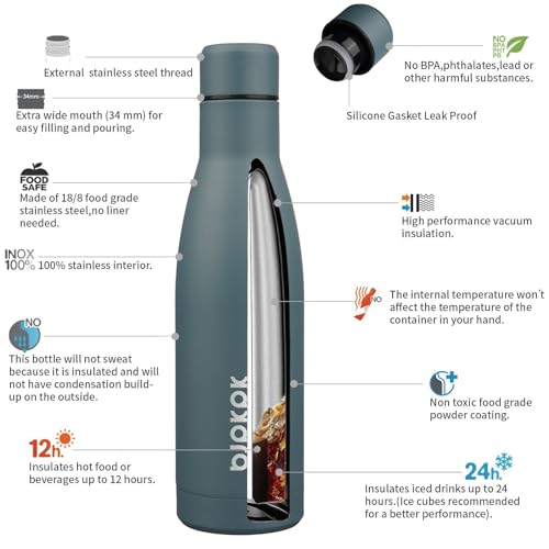 BJPKPK 17oz Skinny Insulated Water Bottle, Stainless Steel Flask - color: Dark Gray, size: 17 Ounces