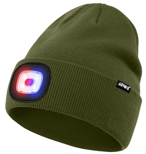 ATNKE LED Lighted Beanie Hat,USB Rechargeable 4 LED Red and Blue Flashing Running Headlamp Cap Gifts for Men and Women - color: #Army Green