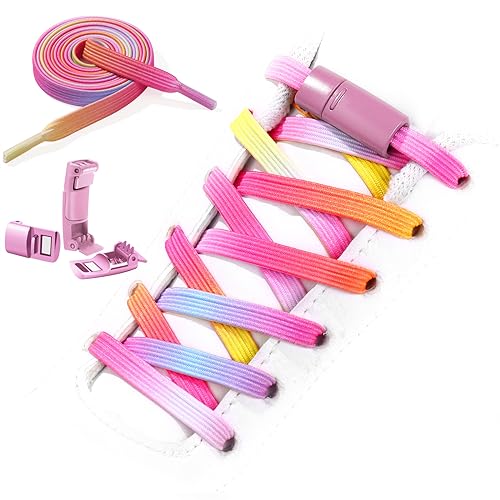Neo-wows No Tie Shoelaces Elastic Laces for Kids Adults Athletic Sneakers - color: 1pink Rainbow
