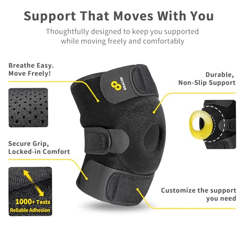Bracoo Knee Support Brace for Men Women, Adjustable Compression Sleeve Wrap Patellar Pad Tendon - Arthritis Pain, meniscus tear, Injury Recovery, Running, Workout, KS10 - color: Black