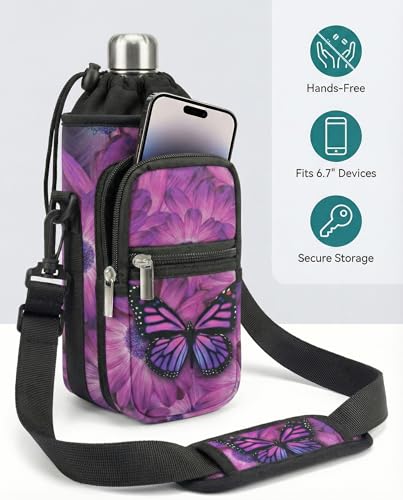 AUPET Water Bottle Sling Bag Sleeve Holder Carrier 25/32/40/64 oz,Insulated Crossbody Water Bottle Case Cover with Strap and Pockets for Men/Women Walking Hiking - color: purple butterfly flower, size: 40oz