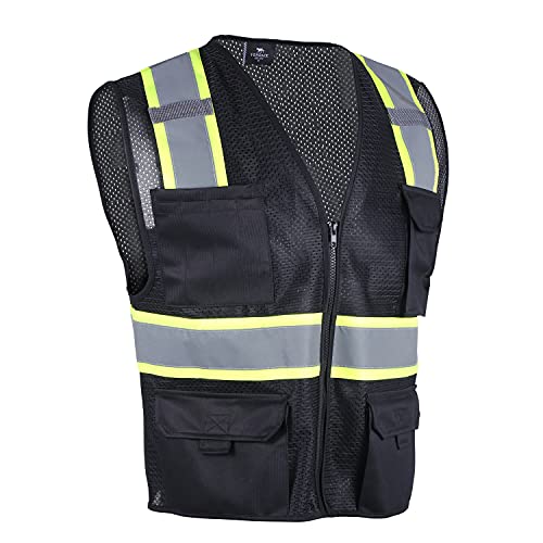 VENDACE Hi Vis Safety Reflective Mesh Vest for Men ANSI Class 2 High Visibility Vest with 8 Pockets and Zipper - color: Black, size: Small