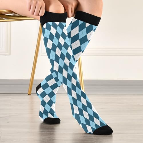 JUNZAN Buffalo Plaid Red Black Knee High Socks Compression Socks for Women Men Kid for Running Sports Nurse - color: Argyle Plaid Blue White