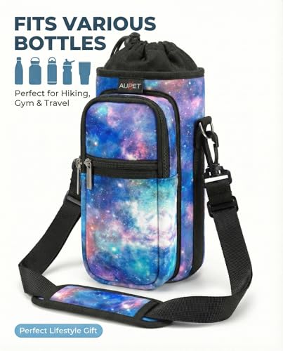 AUPET Water Bottle Sling Bag Sleeve Holder Carrier 25/32/40/64 oz,Insulated Crossbody Water Bottle Case Cover with Strap and Pockets for Men/Women Walking Hiking - color: blue starry sky, size: 32oz