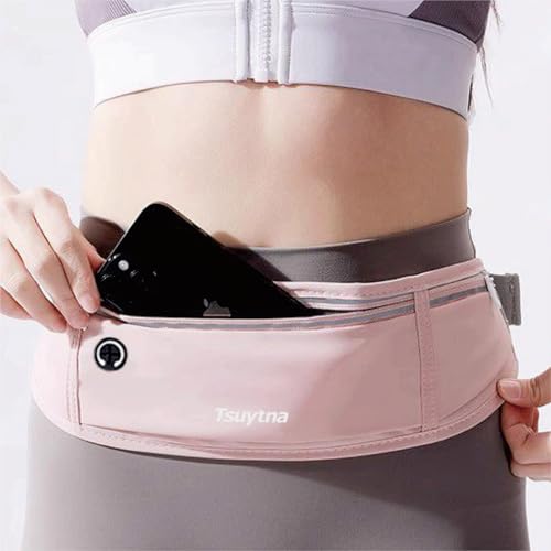 Running Belt for Women & Men - Slim Phone running belt with Water-Resistant Phone Holder, 3 pockets Adjustable Waist Strap, Reflective Safety Design for Running, Hiking, Travel，Fitness (Pink) - color: Pink