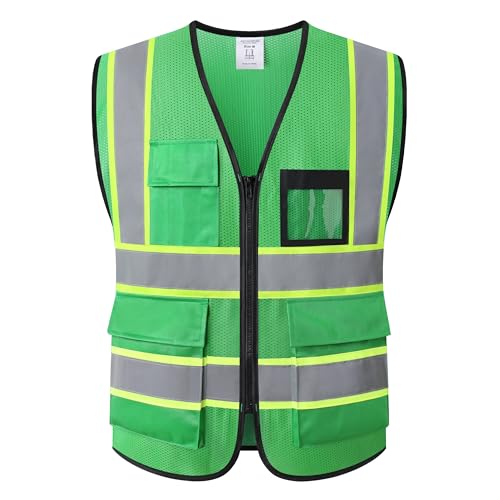 Reflective Safety Vest for Men Women Hi Vis Vest with 8 Pockets High Visibility Mesh Reflective Vest (Green-07,Large) - color: Green, size: Large