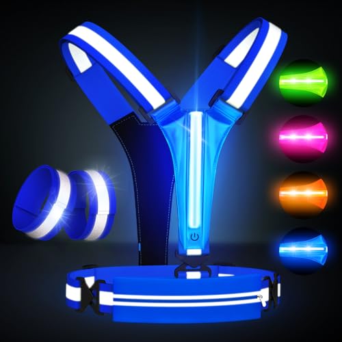 LED Reflective Vest Running Gear Set,USB Rechargeable Light Up Running Vest for Runners Night Walking with Waterproof Phone Bag,High Visibility Armband,Adjustable Waist&Shoulder for Men Women - color: Blue