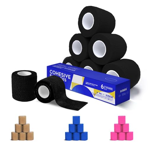 RISEN Cohesive Bandage 2” x 5 Yards, 6 Rolls, Self Adherent Wrap Medical Tape, Adhesive Flexible Breathable First Aid Gauze Ideal for Stretch Athletic - color: Black, size: 6 Count (Pack of 1)