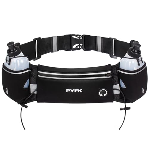 PYFK Running Belt with Water Bottles, Hydration Belt for Men and Women, Water Bottle Holder Running Pouch Water Belt, Fanny Pack Fits 7 inches Phones, Waist pack for Runner Jogging - color: Black Reflective