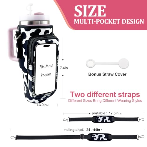 Stanley Carrier Bag for Stanley 40oz/30ozTumbler with Phone with 2 Adjustable Strap,3 Pockets Bottle Stanley Cup Carrier Bag & Case,Accessories for Hiking Travelling - color: Cow Print