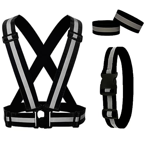 Reflective Running Gear Reflective Vest & Reflective Armband & Reflective Belt 3 Pcs Set, High Visibility Reflective Gear Night Cycling Walking Safety Vest Straps for Men Women Kids - color: Black