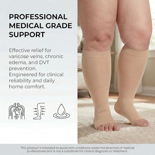 MGANG Plus Size Medical Compression Stockings for Women & Men, Open Toe - color: Knee High Open Toe Beige, size: 6X-Large