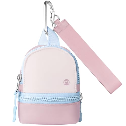 Babysun Mini Backpack Keychain Wristlet Pouch Small Change Coin Purse Cute Zipper Wallet With 3 RFID Card Slots For Women/Men Airpods Cosmetics - color: Pink Blue