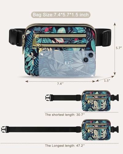 Fanny Packs for Women cross body bags, Waist Pack with Adjustable Strap - color: B-Blue Leaves, size: Double Layer