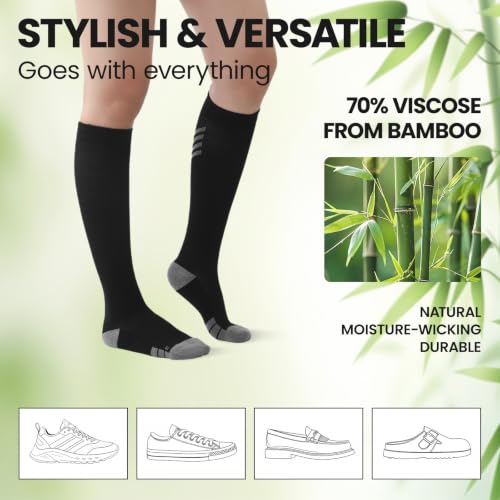 Bamboo Viscose Compression Socks 15-20 mmHg Knee High 3 Pairs Unisex - color: A04-3pair-black, size: Small-Medium