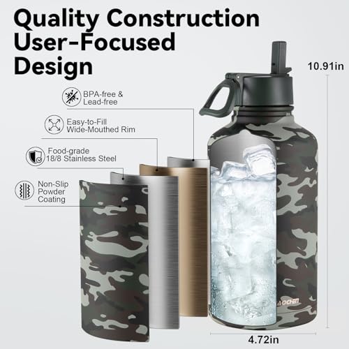 KXIAOCHEN Insulated Water Bottle with Strap, 48-Hour Cold, 2 Lids - color: Camouflage-B, size: 64 Ounces