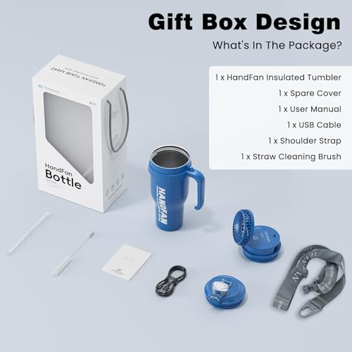 HandFan 40oz Tumbler with Handle, Cooling Water Bottle with Fan - color: Blue