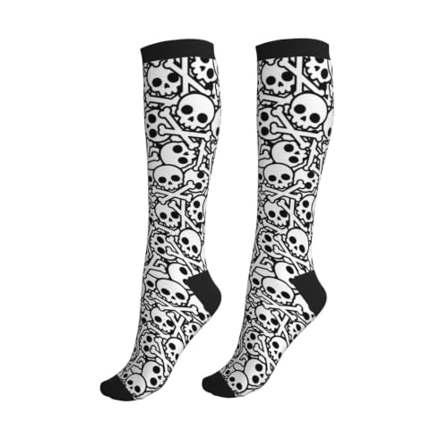 Tie Dye Compression Socks Knee High Support Socks For Women Men Running Athletic Hiking - color: Black Skull