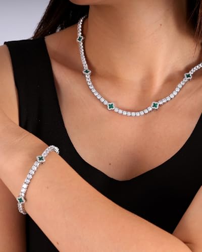 LuxeFlex 4mm Iced Out Four Leaf Tennis Chain,White Gold Plated with 5A Zircon Stones, exquisite Handmade Hip Hop Bling Necklace Perfect Unisex Jewelry Gift - color: White Gold-Green, size: 20 INCH