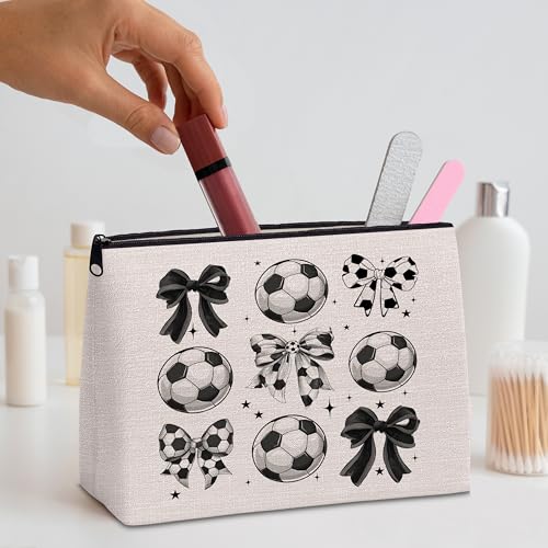 Soccer Gifts for Women — Bow Soccer Makeup Bag Cosmetic Bag Makeup Zipper Pouch - color: Soccer
