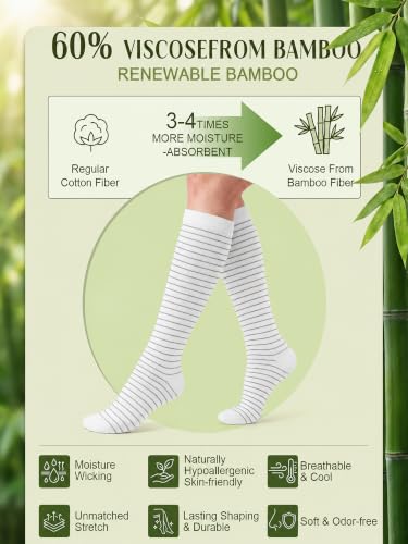 Bamboo Viscose Compression Socks|4Pairs 15-20mmHg Knee High Socks - color: Grey, size: Large-X-Large
