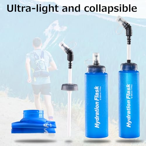 Azarxis TPU Soft Flask Collapsible Water Bottles BPA-Free 250ml 350ml 500ml for Hydration Vest Pack Running Hiking Cycling Climbing - color: Blue 500ml / 16.9oz with Fast-flow Straw - 2 Pack