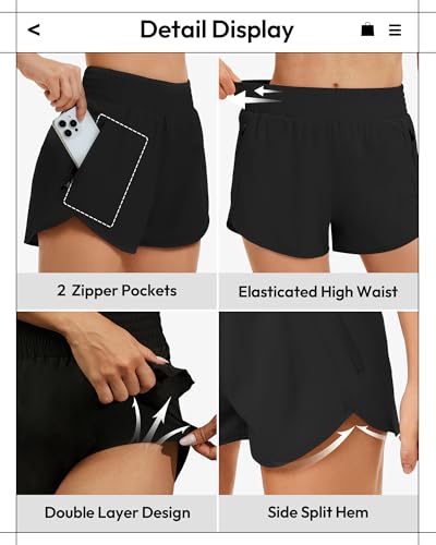 TVKSOM Womens Athletic Shorts High Waisted with Liner 2 Zipper Pockets - color: 3pack Black,black,black, size: Medium
